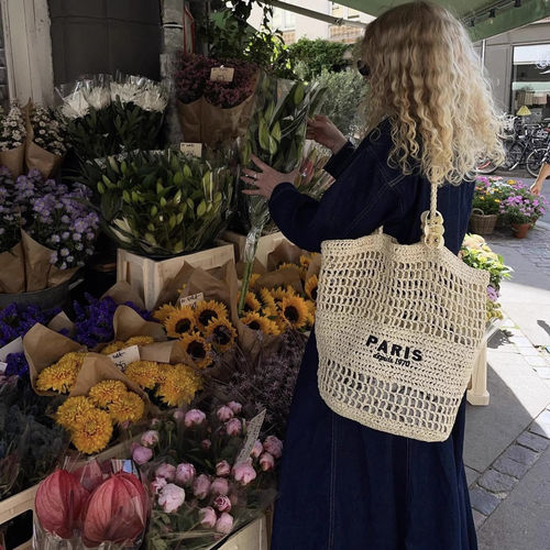 韩系字母刺绣简约草编包大容量20