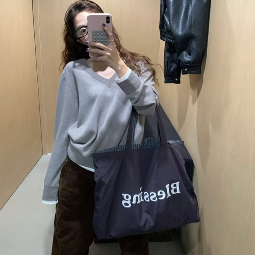 韩国双面单肩包字母布袋包购物袋2026秋季新款通勤大容量托特包女