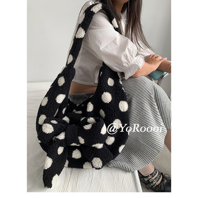 直井怜同款ins波点毛绒蝴蝶结单肩包韩系大容量斜挎包毛绒托特包