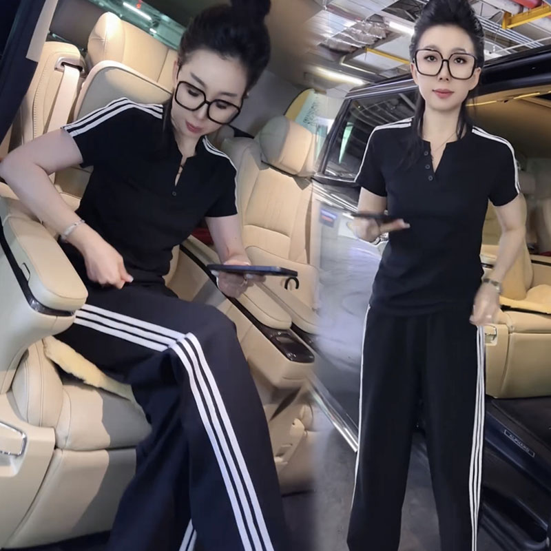 女网红同款三道杠阔腿裤新款休闲两件套春夏上衣百搭运动套装短袖