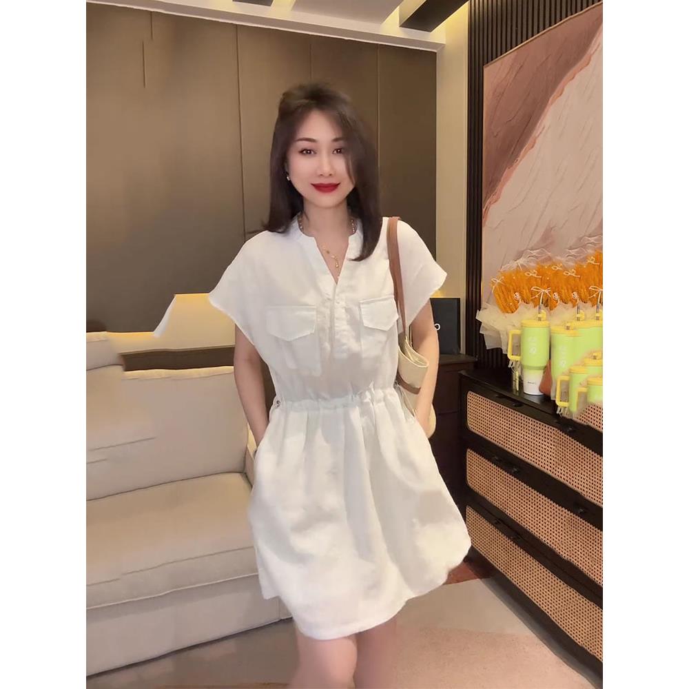 V麻料宽松新款纯色连衣裙收腰休闲夏季领欧货2025显瘦女短袖抽绳