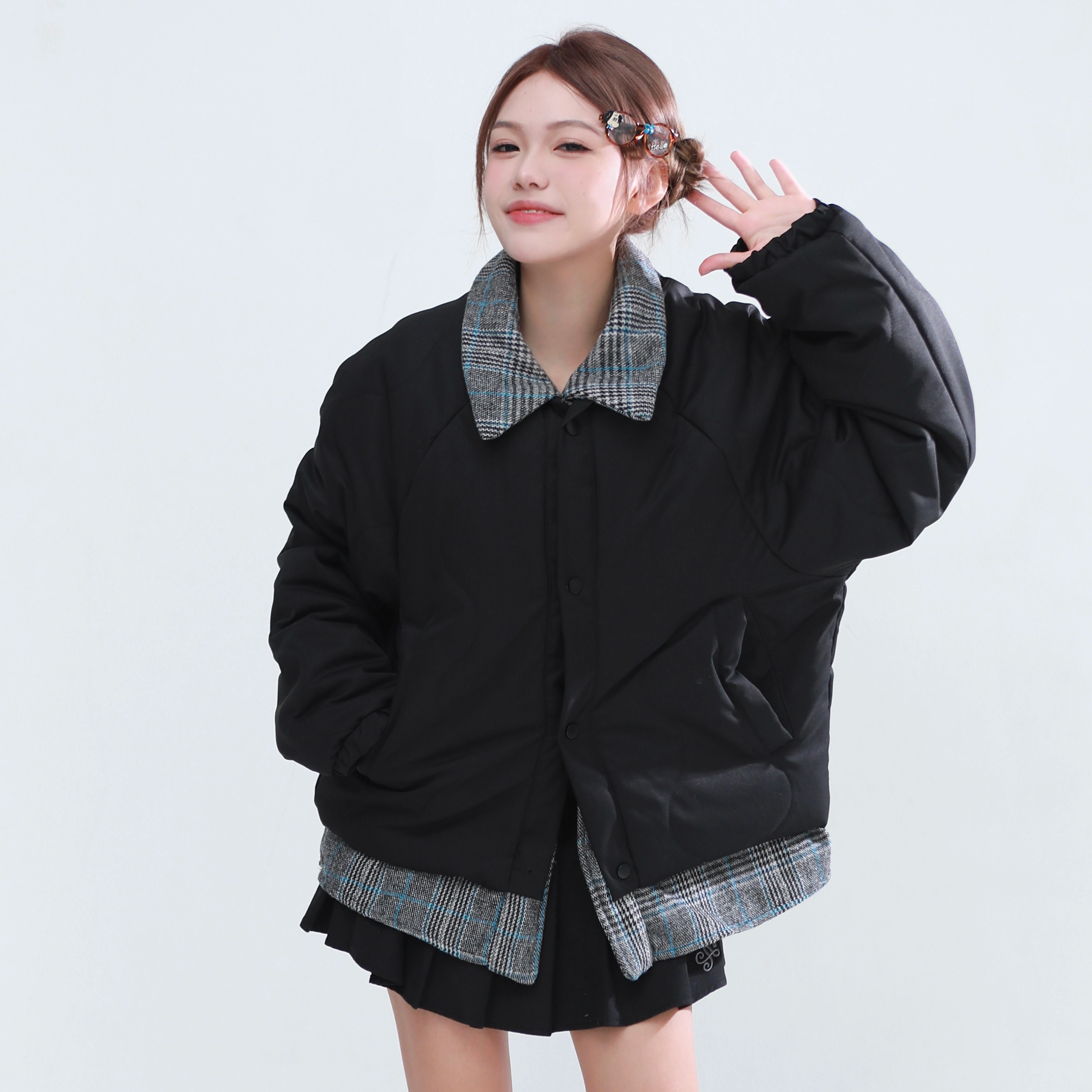 CLiFF假两件格纹拼接棉服外套