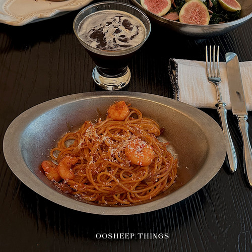 oosheep日式复古椭圆盘意面盘高级感不锈钢brunch餐盘圆形碗餐厅