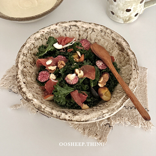 复古粗陶碗做旧漂亮饭碗面碗家用侘寂风不规则沙拉碗日式手作餐具