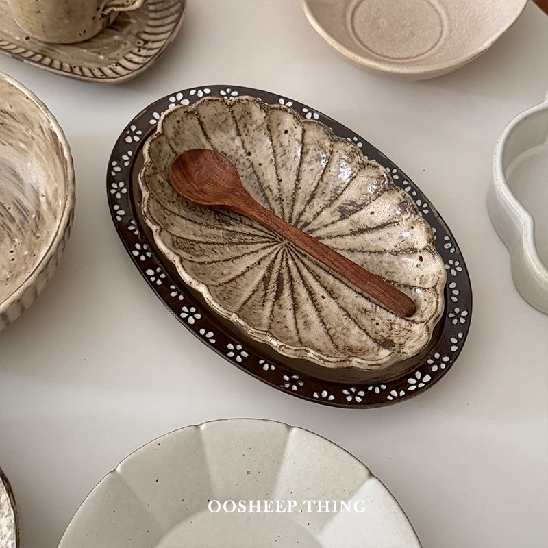 景德镇粗陶餐具合集 复古高颜值侘寂风椭圆盘子特别好看的早餐盘