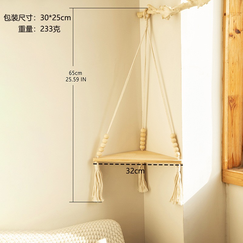 波西米亚木珠流苏手工编织置物架三角形木板家居民宿花盆挂件ZJ73