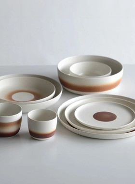 代购日本制有田烧审美超级好渐变条纹糖色棕色磨砂陶瓷杯子碗盘子