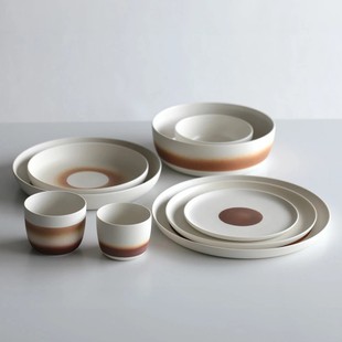 代购日本制有田烧审美超级好渐变条纹糖色棕色磨砂陶瓷杯子碗盘子