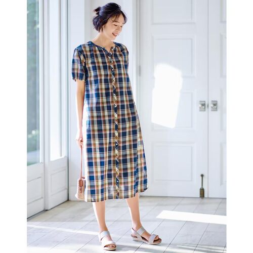 日本代购cecile2024新品复古格纹短袖家居裙可外穿睡裙衬衫裙