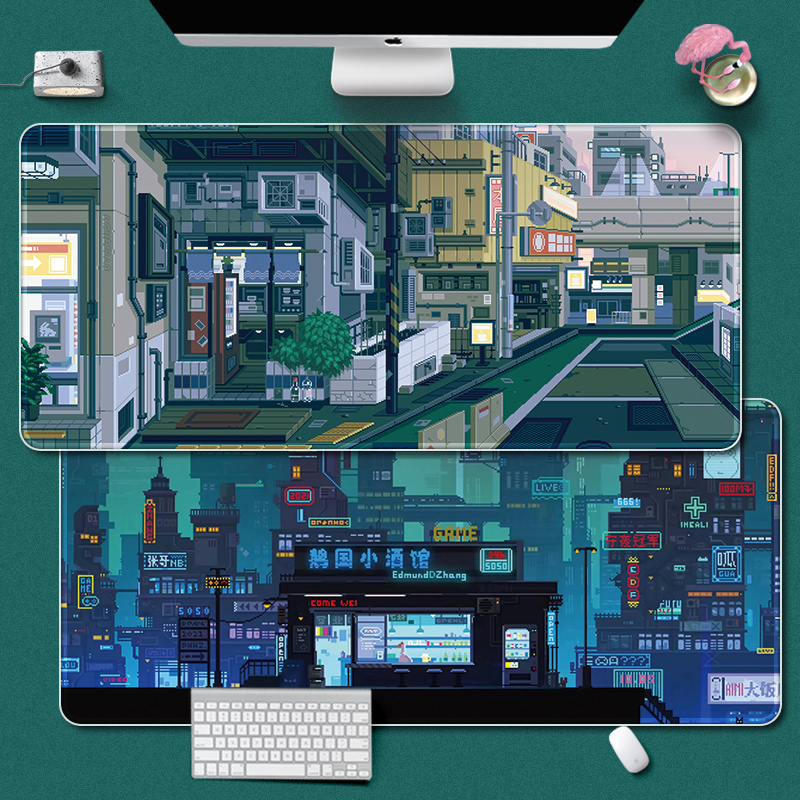 卡通像素风景鼠标垫超大锁边笔记本电脑键盘学生电竞桌垫简约文艺