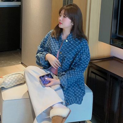 大连欧货牛仔外套女款秋季新款大码女装200斤胖mm蝴蝶结提花正肩