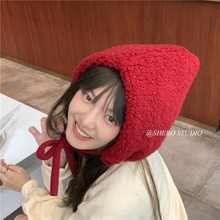 新年圣诞小红帽女过年红色可爱羊羔毛绒保暖冬季日系女巫护耳帽子