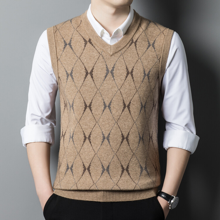 秋冬新款男装羊绒衫V领宽松型时尚都市秋季背心/马甲鹿王官方正品