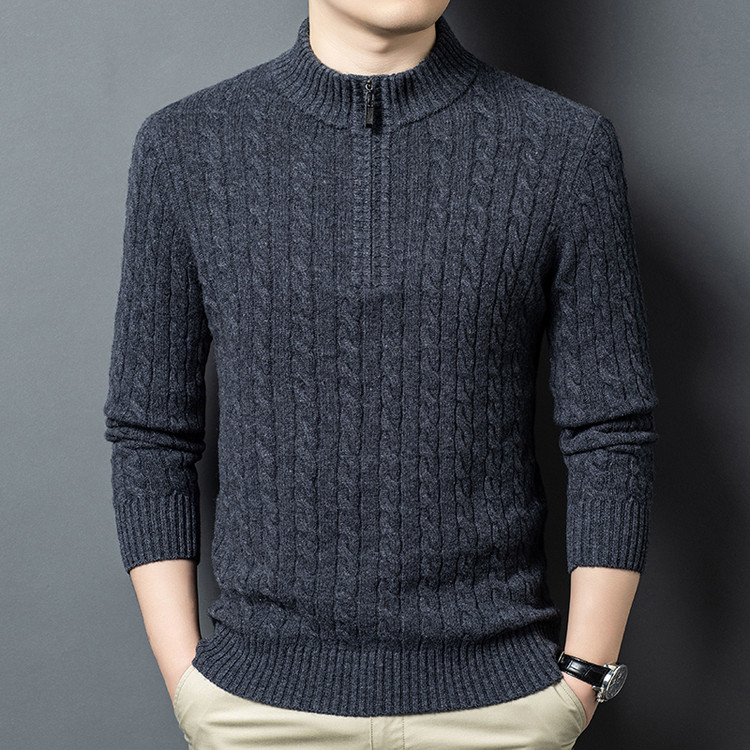 秋冬新款鹿王男装羊绒衫普通毛线半高拉链直筒型羊毛提花官方正品