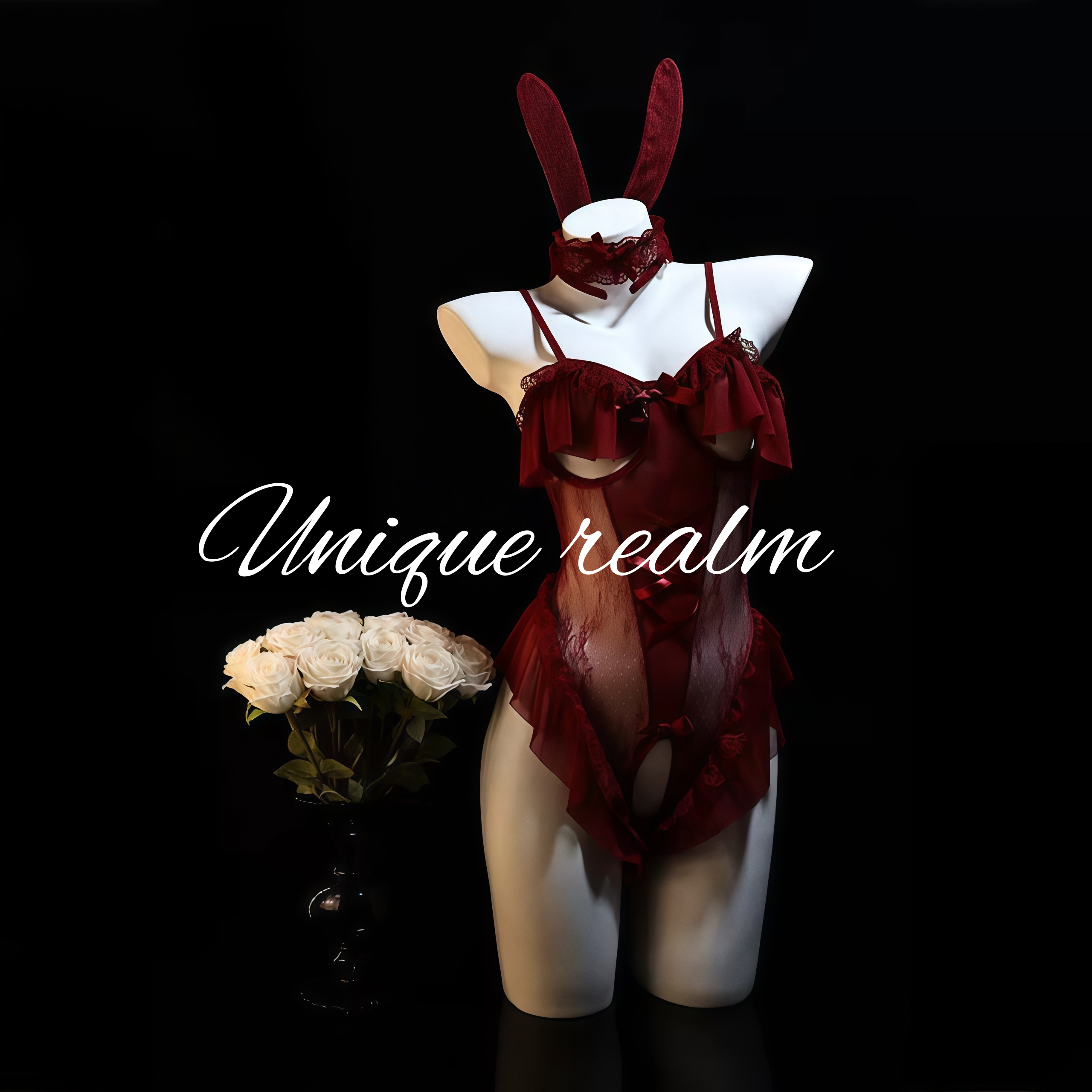 谧境「暗焰兔姬」性感兔女郎蕾丝镂空连体衣绑带制服睡裙纯欲qqny