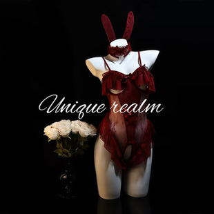 谧境「暗焰兔姬」性感兔女郎蕾丝镂空连体衣绑带制服睡裙纯欲qqny