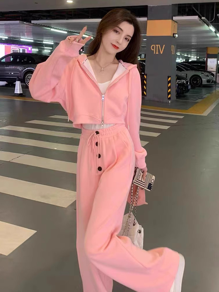 粉色高级感短款卫衣阔腿裤两件套