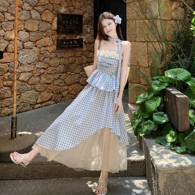 多巴胺蓝色吊带连衣裙女夏日新款