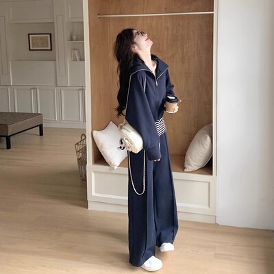 藏青色卫衣套装女阔腿裤小个子
