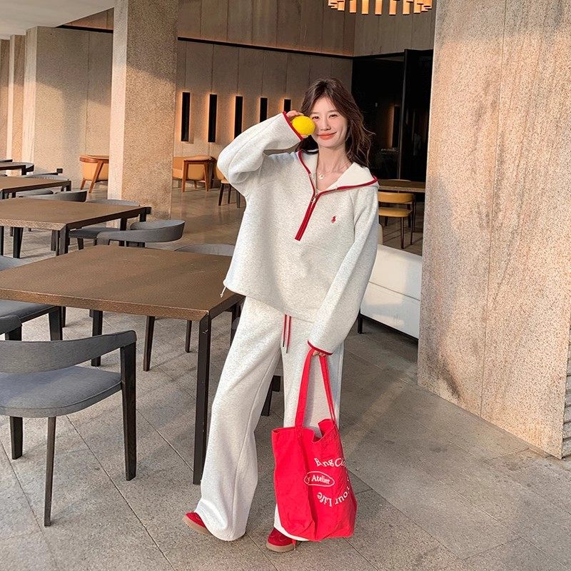 浅灰色洋气减龄卫衣套装女秋季2025新款超火休闲运动阔腿裤两件套,女装/女士精品,时尚套装,淘宝优惠券,粉丝福利购,淘宝优惠卷