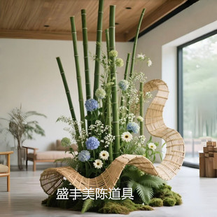大型仿真花绿竹竹排造景艺术展厅商场店铺橱窗美陈装饰引流背景