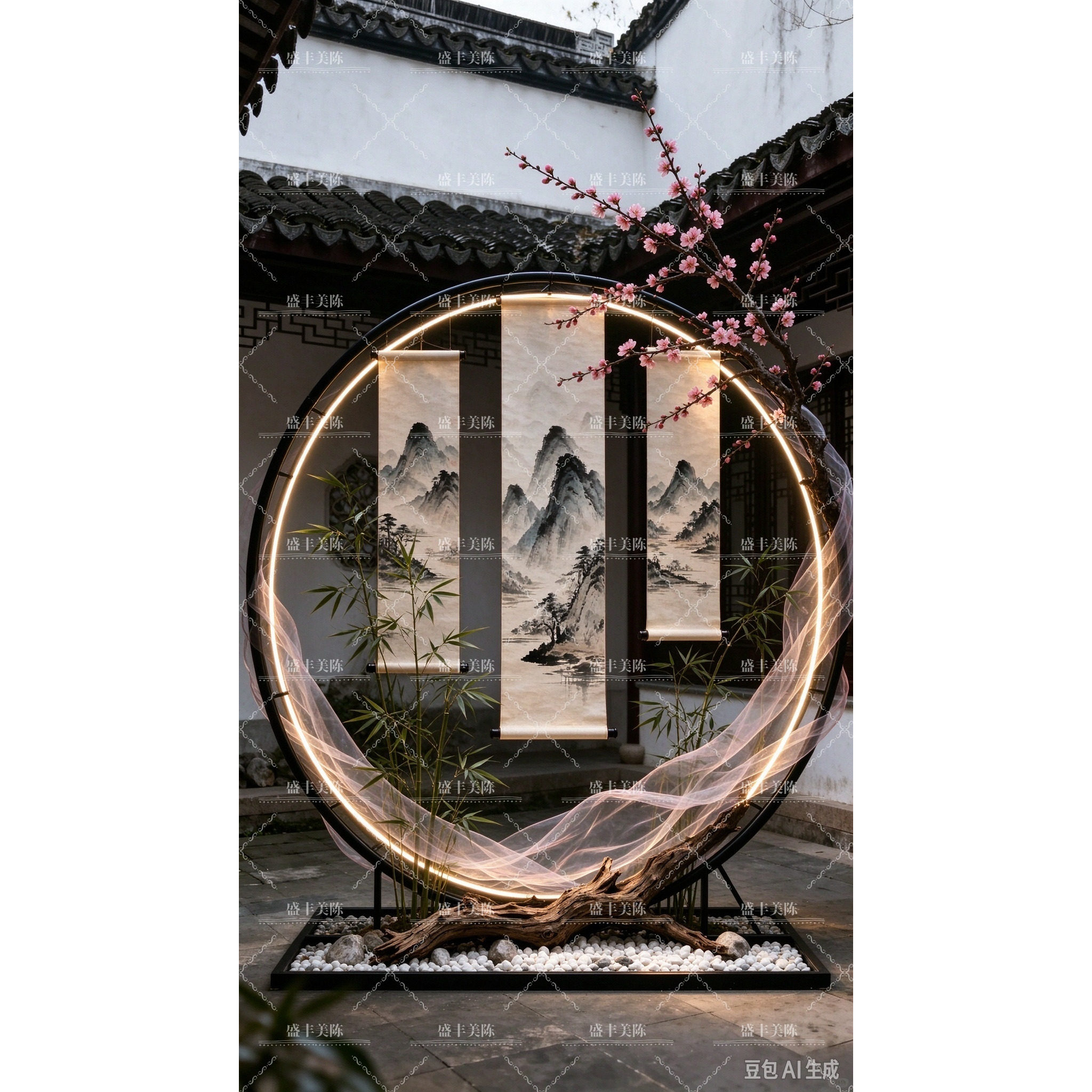 新中式圆形美陈水墨卷轴桃花竹子造景婚礼展厅网红打卡背景装饰