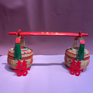 潮汕纯手工编织竹篮竹编篮子扁担彩绘婚嫁传统竹艺摆件