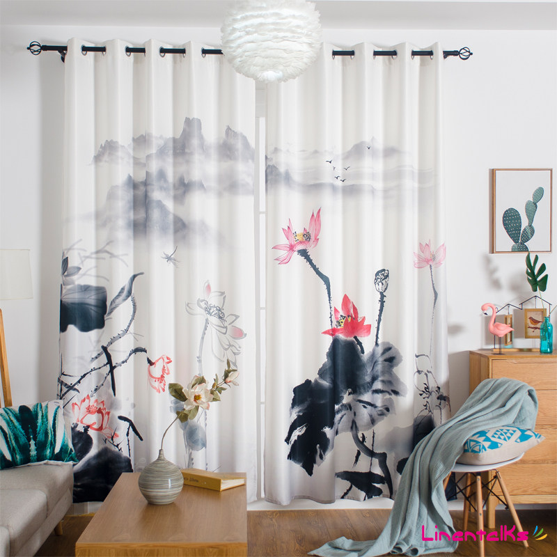 新中式中国风窗帘成品定制水墨写意荷花山水现代简约客厅卧室热销