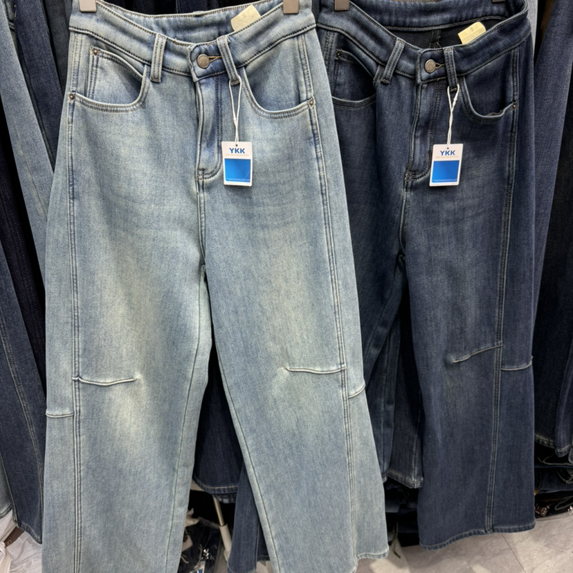 鲁米儿大码-冬上新复合绒工装风宽松水洗做旧阔腿裤牛仔裤YS1-288
