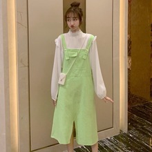中长款 雪纺衬衫 背带连衣裙套装 女 春秋装 新款 学院风花边高领长袖