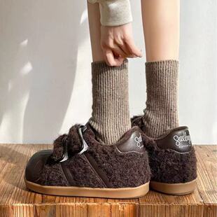 内增高6.5cm~贝壳头加绒德训鞋女冬季丑萌面包鞋厚底休闲毛毛鞋子