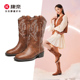 康奈女鞋 西部牛仔靴秋冬刺绣中筒骑士靴V口显瘦长筒靴平底马丁靴