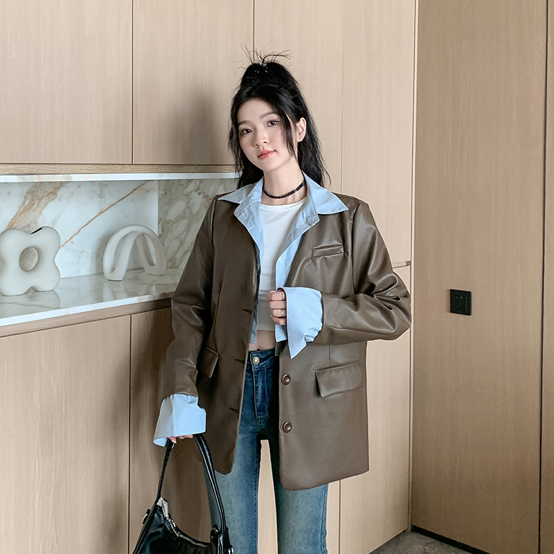 实拍实价~衬衫领假两件皮衣外套女春秋2024新款港风pu皮西装夹克