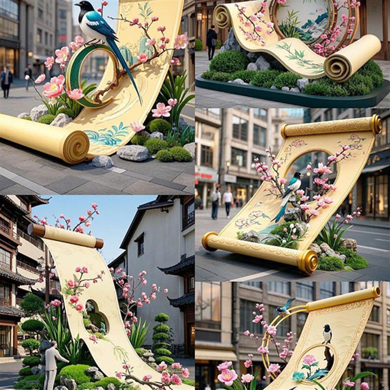 花鸟卷书本拍照区道具装饰造景景观相框摆件画卷网红打卡户外景区