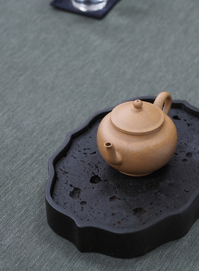 传老乌金石菱花干泡盘 可存水小茶盘 火焰石黑色壶承小茶盘方便实