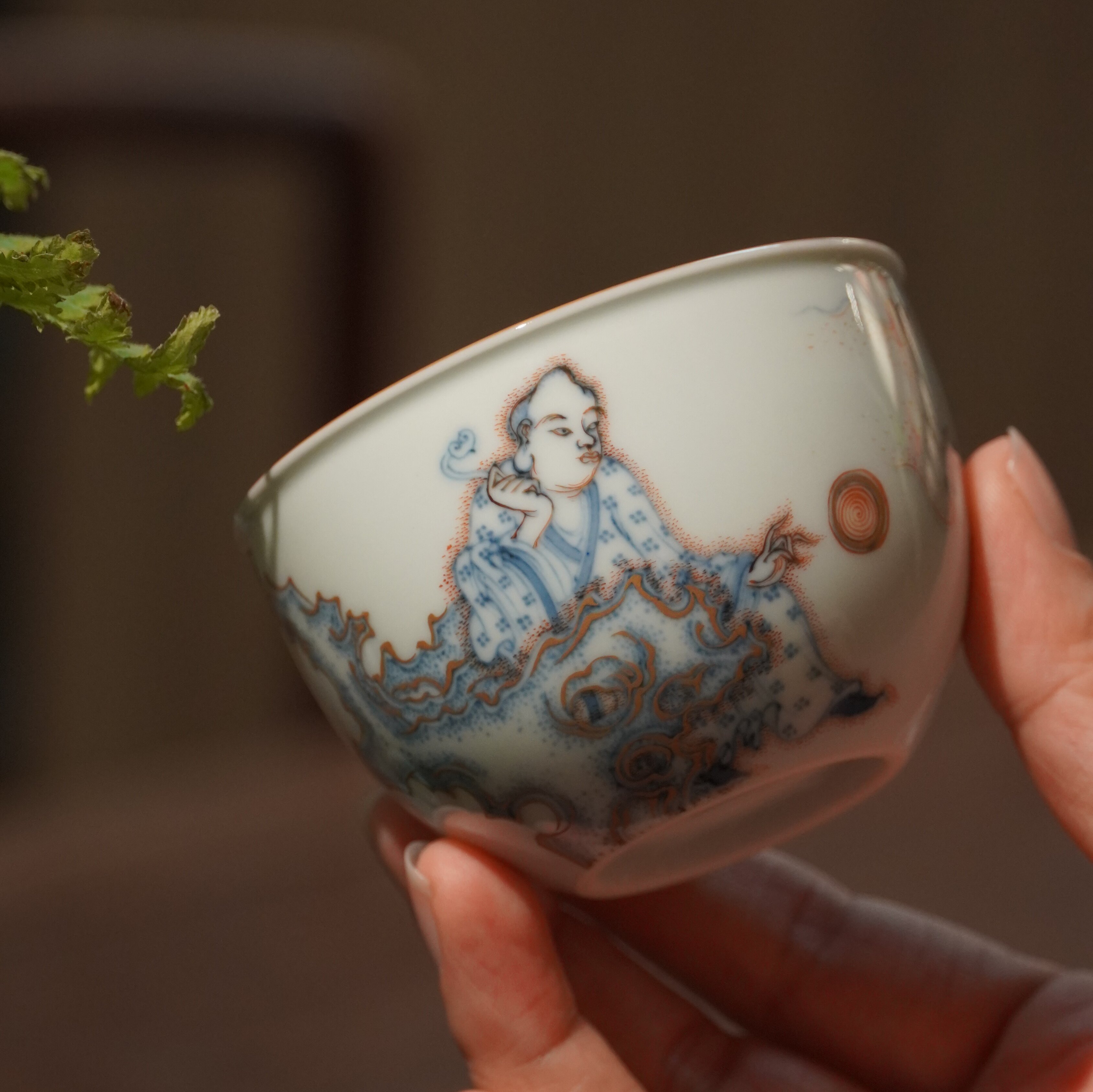 谷雨山房心斋鸿之青花金红彩罗汉伏虎云坞杯纯手工主人茶杯