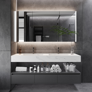 轻奢岩板一体双盆浴室柜组合现代简约卫生间洗漱台洗手洗脸盆吊柜