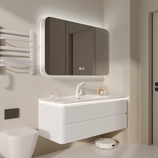 奶油风浴室柜陶瓷一体盆圆角橡木镜柜卫生间洗手脸盆柜组合洗漱台