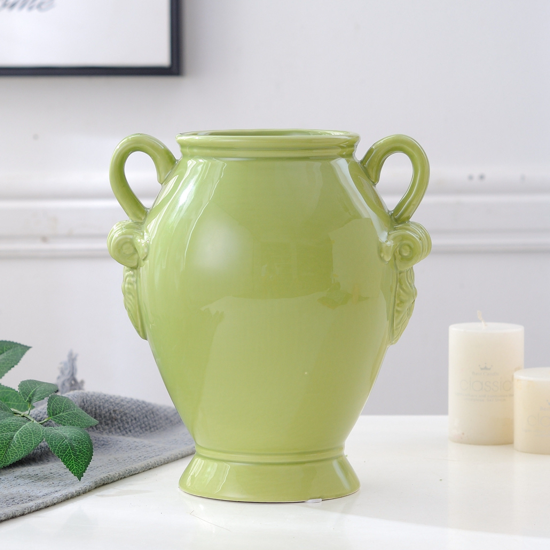 供应美式乡村绿色双耳罐陶瓷花瓶器插盆家居装饰摆件