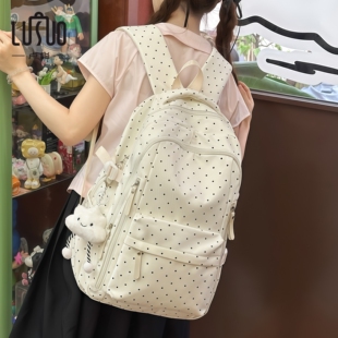 书包初中女生ins风小众白色简约波点高颜值大容量多隔层双肩包女