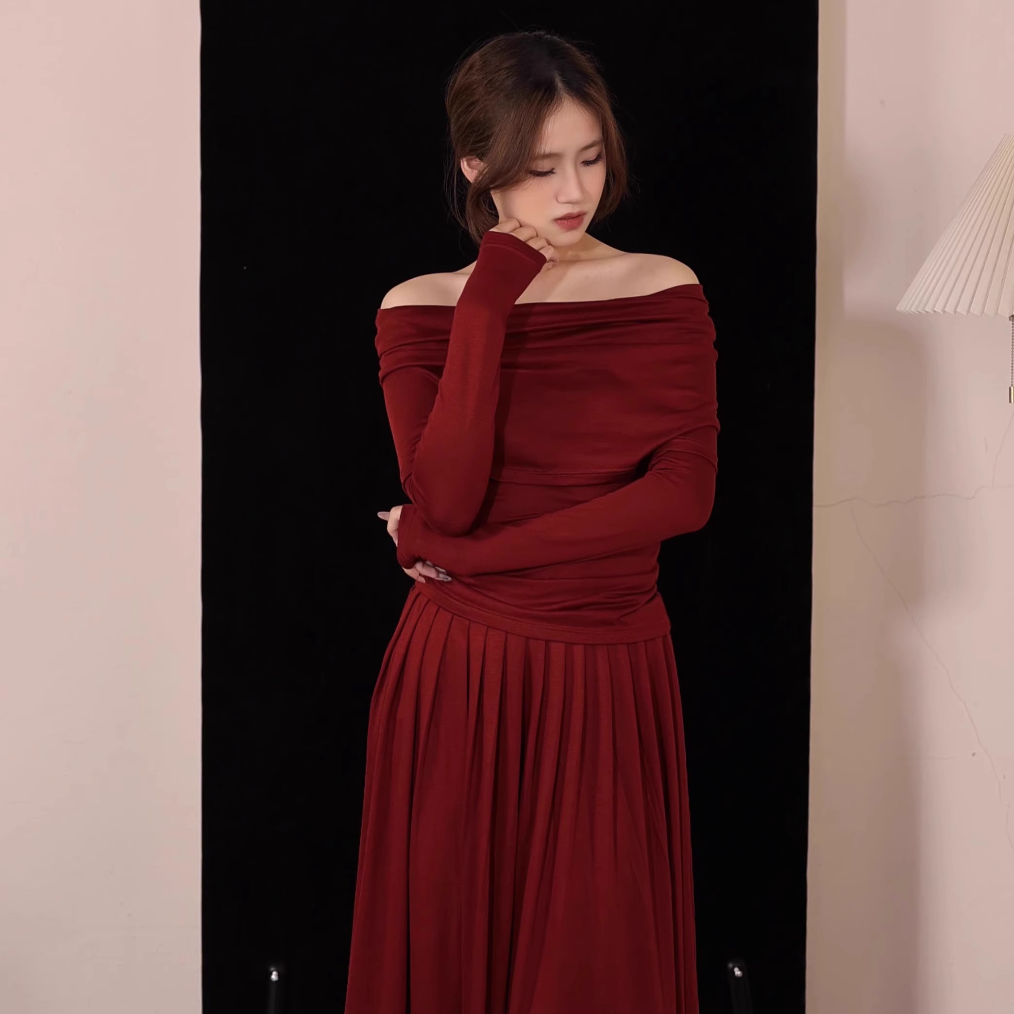 法式设计感长袖两件套连衣裙套装