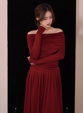 喵吉法式复古设计感长袖两件套红色连衣裙高级感时尚套装裙女春秋