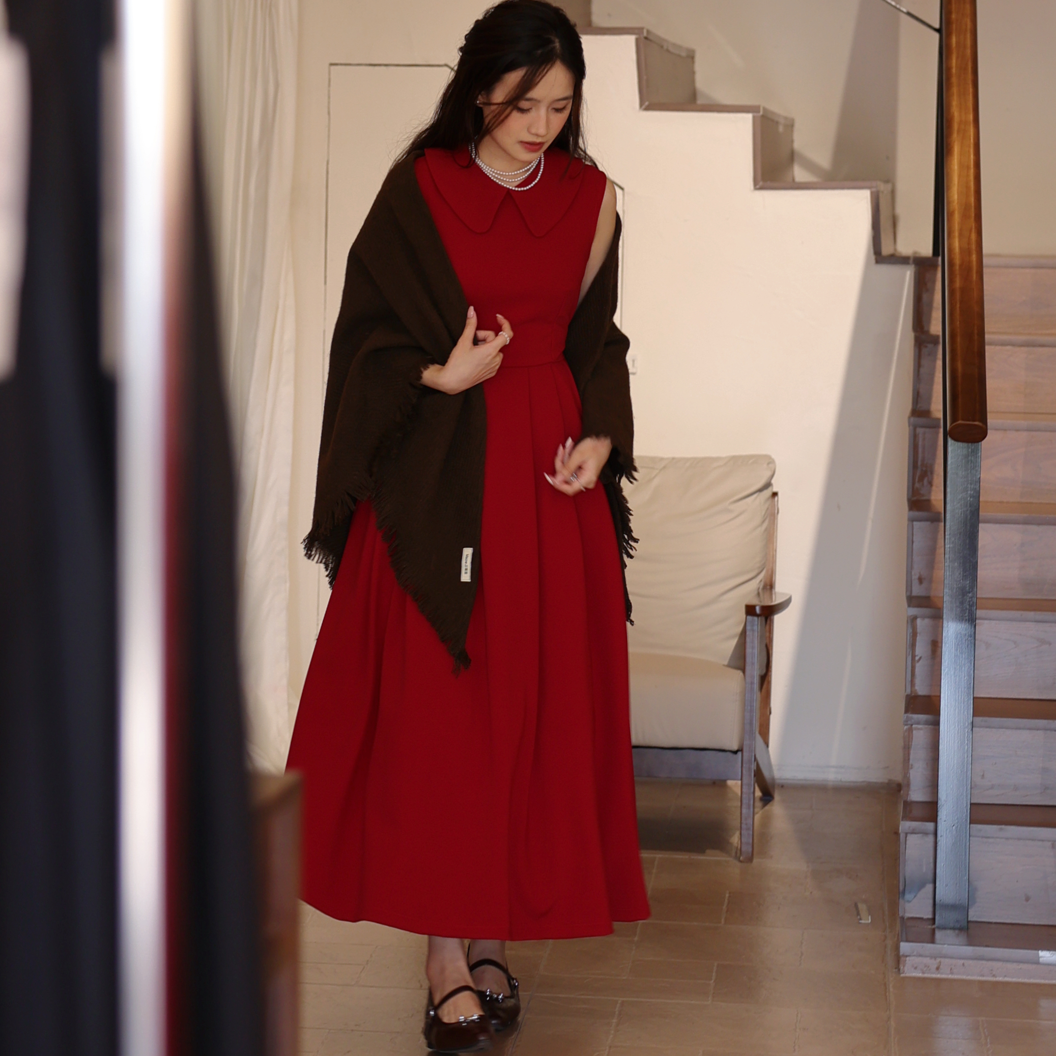 法式无袖长款打底红色公主连衣裙