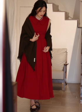 喵吉法式复古翻领无袖收腰公主裙小个子长款红色打底连衣裙女春秋