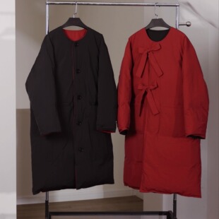 喵吉新款复古时尚小个子中长款面包服红色白鸭绒羽绒服女冬季加厚