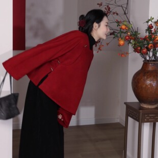 喵吉国风新中式复古短款毛呢外套小个子气质红色呢子大衣女冬新款