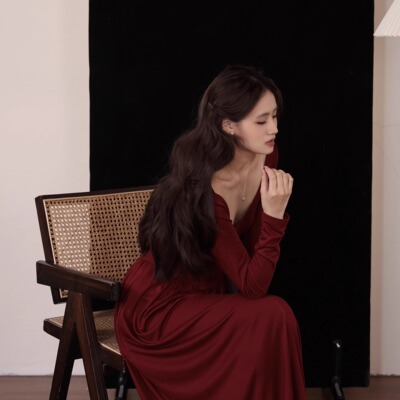 复古长款红背心连衣裙开衫两件套
