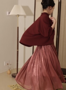 喵吉复古小香风V领短款长袖防晒衫宽松外搭红色针织开衫外套女春