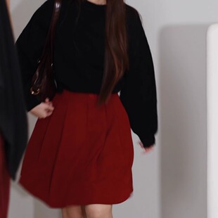 喵吉复古新款高腰显瘦气质学院风小个子红色直筒a字半身裙女秋冬