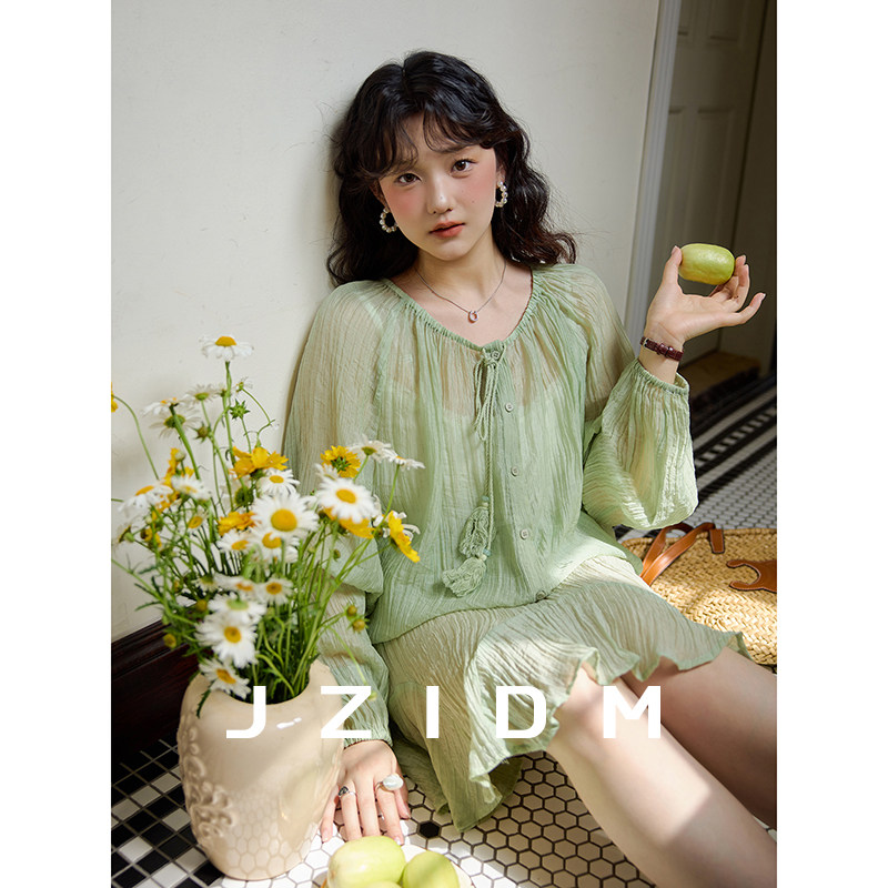 玖籽大码果绿色系带套装女